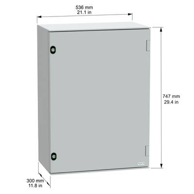 Szara szafka elektryczna o wymiarach: wysokość 747 mm (29,4 cala), szerokość 536 mm (21,1 cala), głębokość 300 mm (11,8 cala).