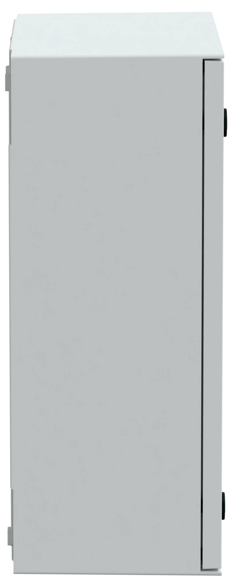Zwykła szara szafka widziana z boku, z zamkniętymi drzwiczkami, na których zawiasy znajdują się po lewej stronie, a czarne uchwyty po prawej stronie.