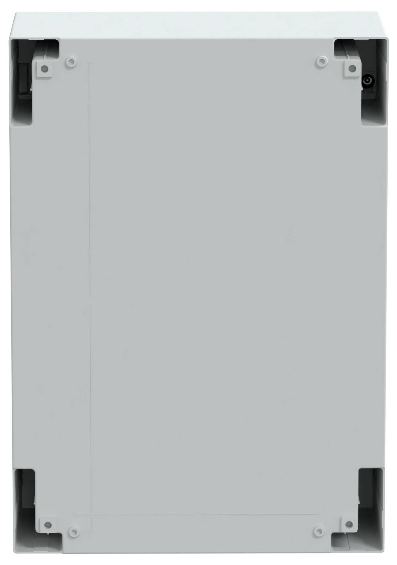 Szary box z mocującymi uchwytami w każdym rogu, prawdopodobnie obudowa metalowa lub element szafki, prezentowany na jednolitym tle.