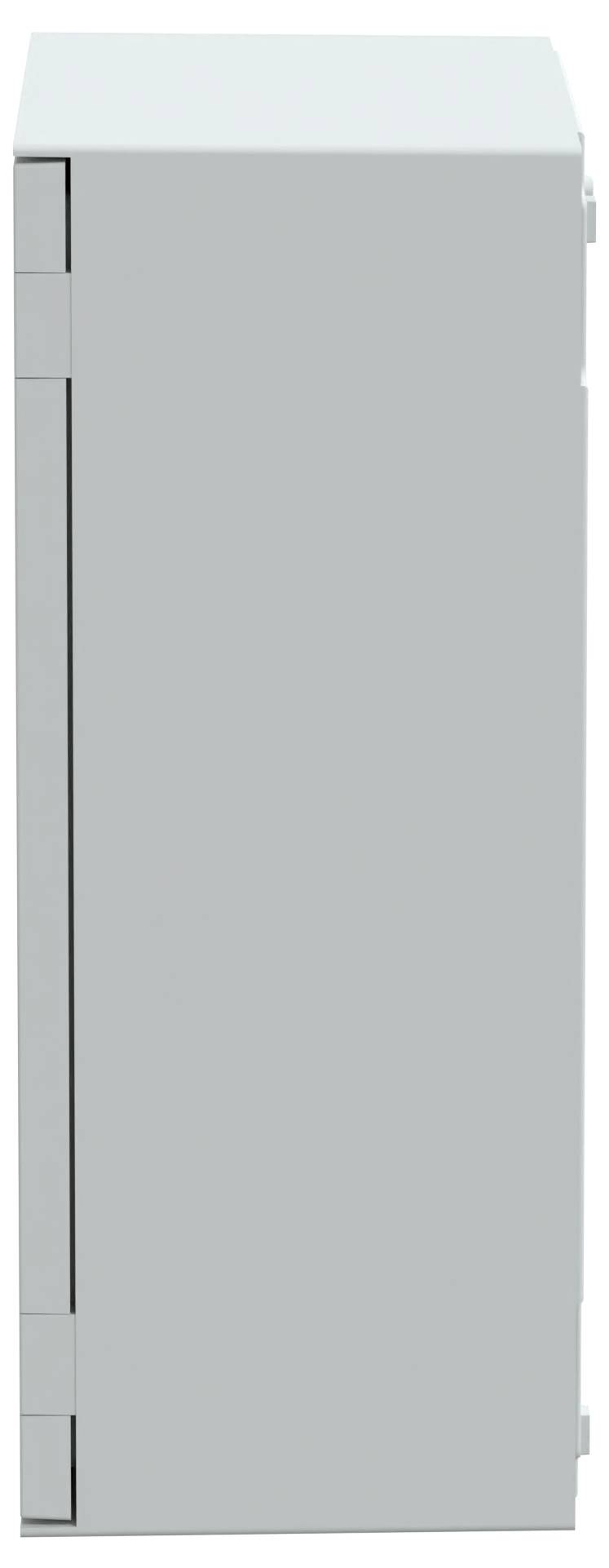 Szary, prostokątny metalowy szafka widziany z boku, ukazujący gładką powierzchnię i zawiasy na lewej krawędzi.