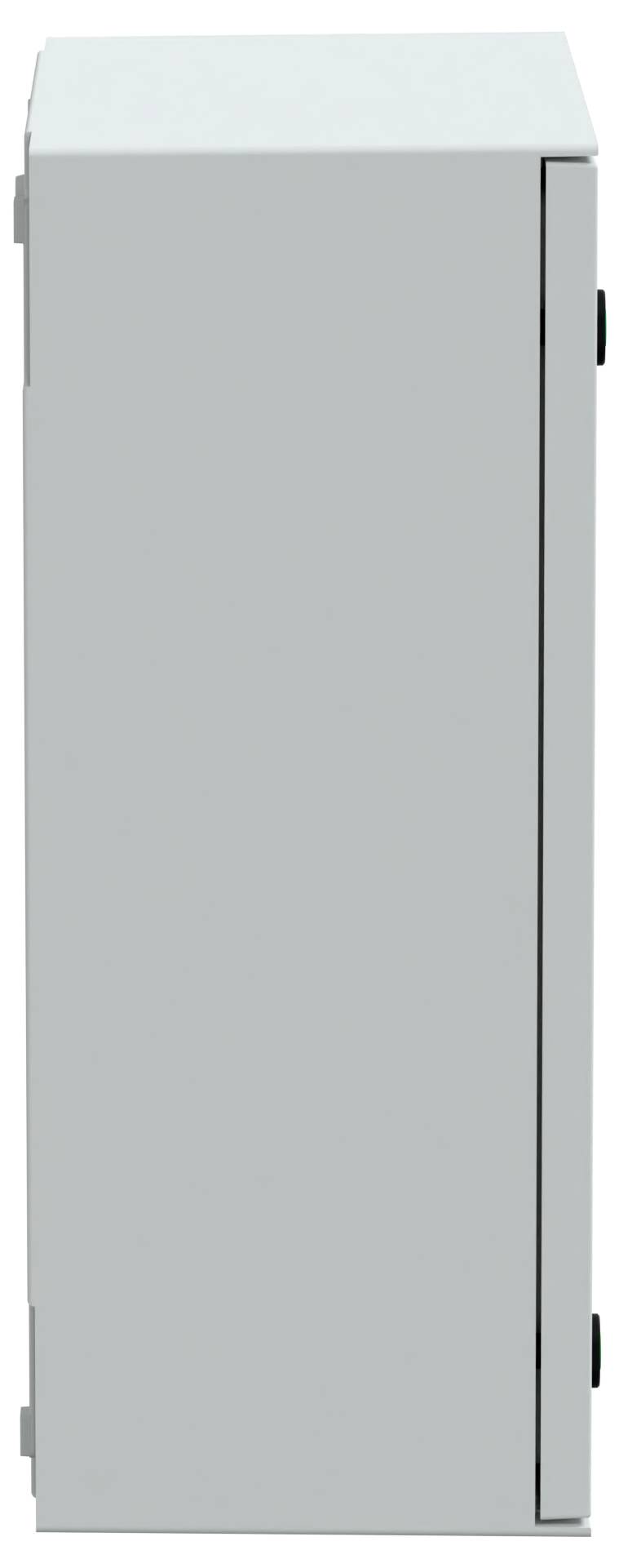 Widok z boku wysokiej, prostokątnej białej szafki o gładkiej powierzchni, z widocznym drzwiczkami po prawej stronie.