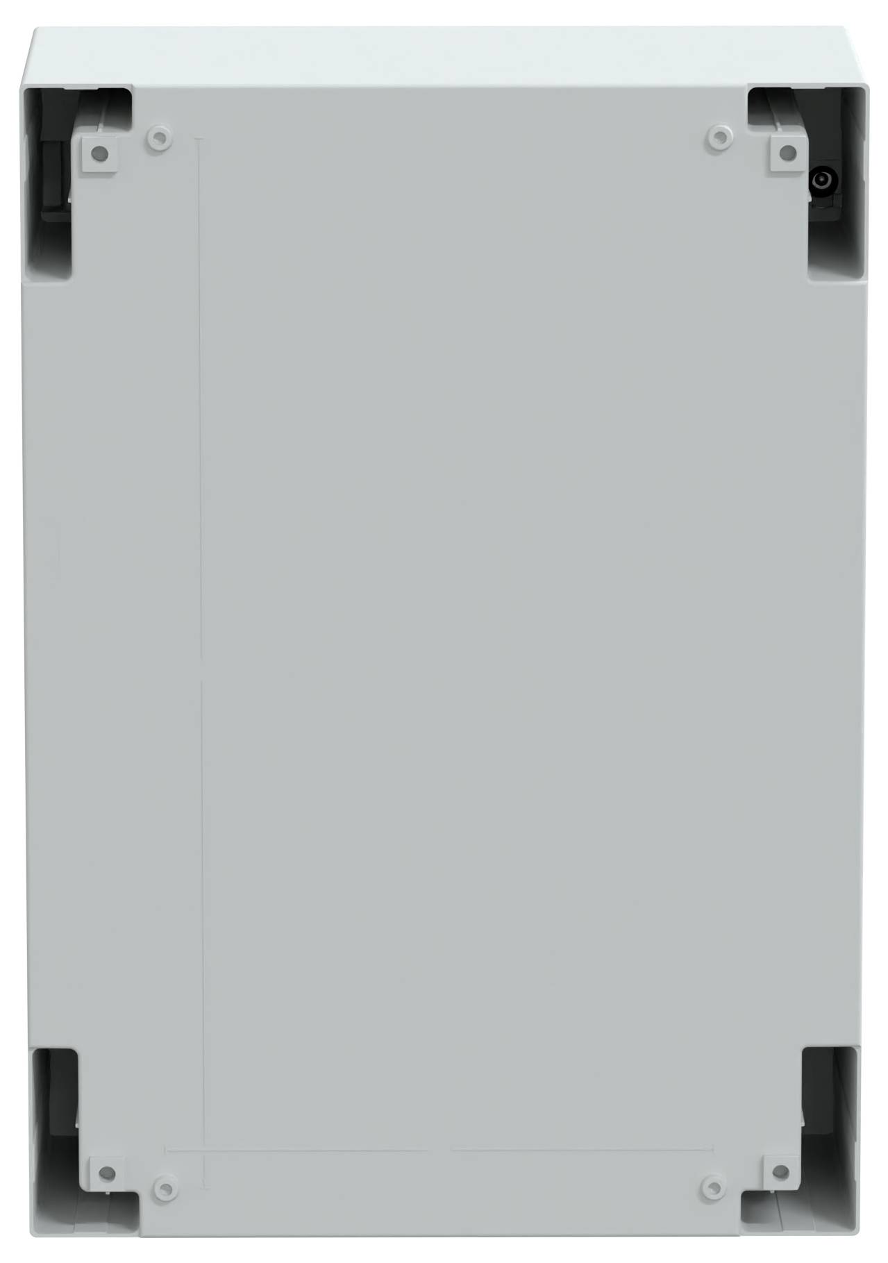 Prostokątne szare metalowe pudełko z widocznymi elementami mocującymi w narożnikach, gładką powierzchnią i bez widocznych oznaczeń lub otworów.