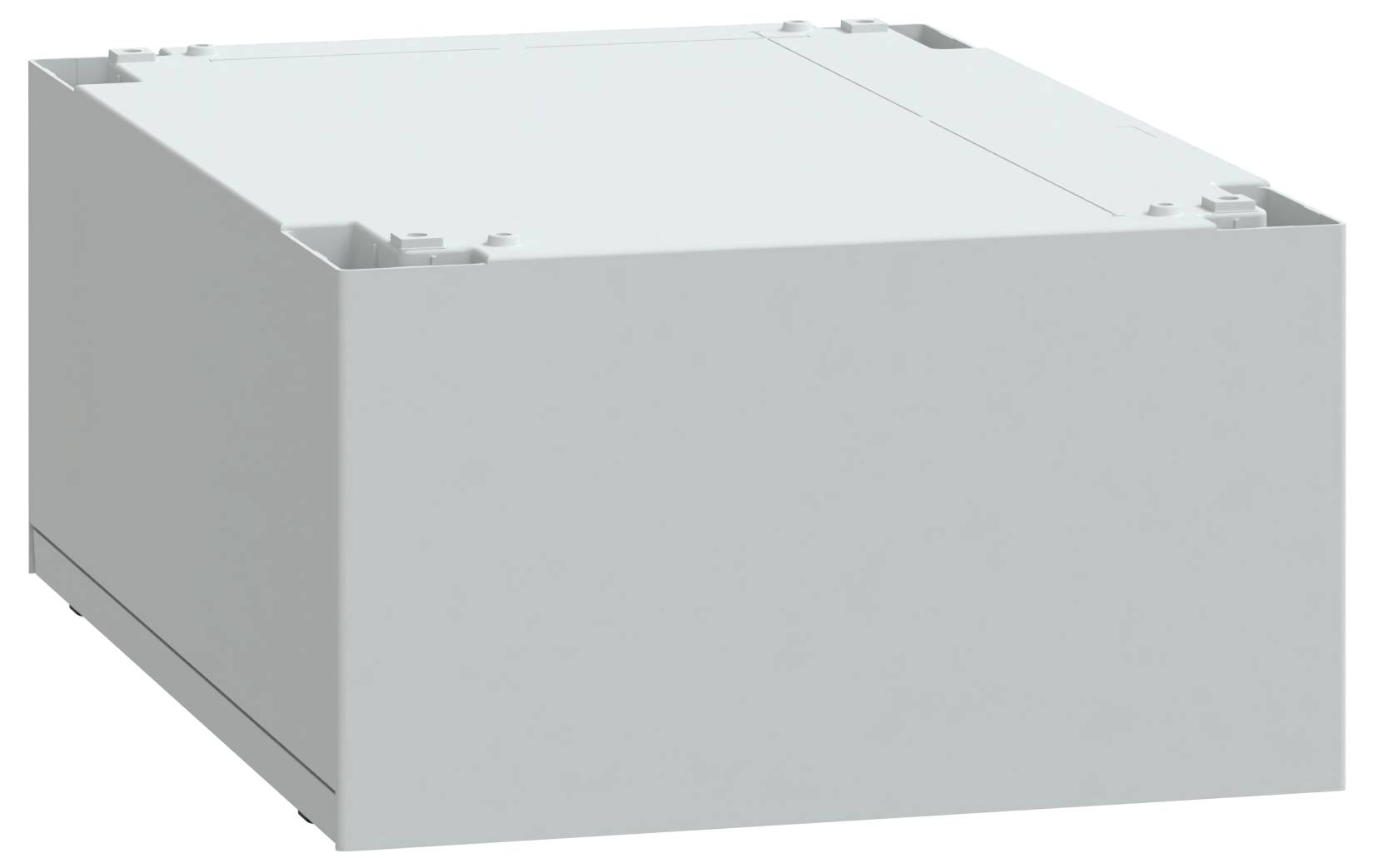 Zwykłe szare pudełko, zamknięte z widocznymi krawędziami i narożnikami, oglądane pod skosem, sugerujące solidny, pusty pojemnik.