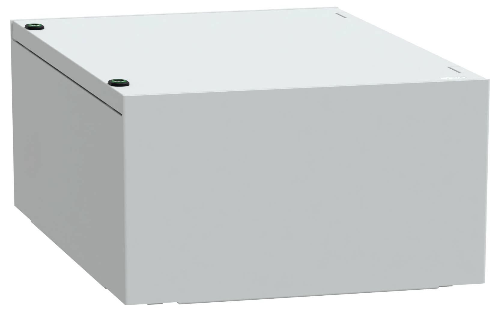 Zwykłe, białe, prostokątne pudełko elektryczne z dwoma okrągłymi mocowaniami w górnych narożnikach, przeznaczone do prowadzenia połączeń elektrycznych.