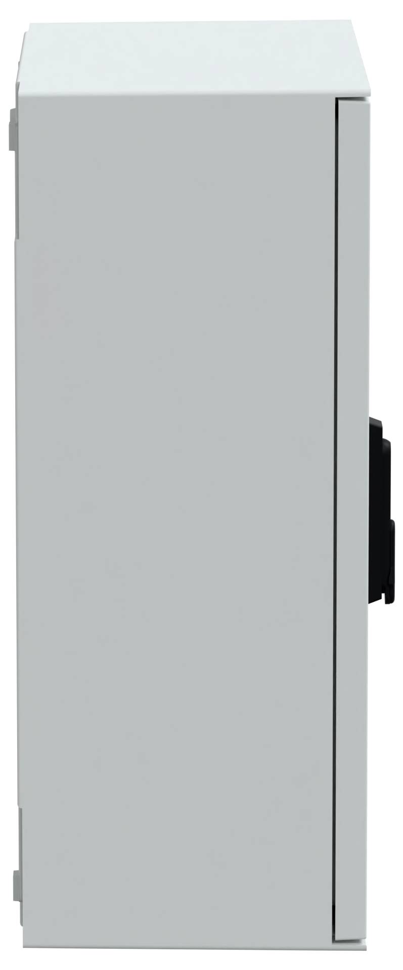 Szara metalowa skrzynka elektryczna z boczną klamką i zamkniętymi drzwiczkami.