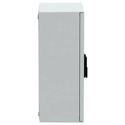 Szara metalowa skrzynka elektryczna z boczną klamką i zamkniętymi drzwiczkami.