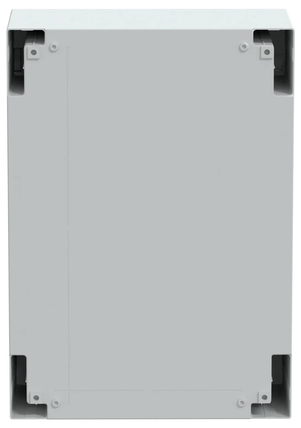Szary, prostokątny rozdzielacz elektryczny o gładkiej przedniej ściance i uchwytach montażowych w każdym rogu, przeznaczony do instalacji obudowanych.