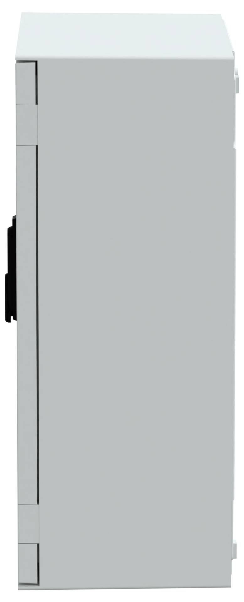 Białe prostokątne metalowe pudełko oglądane z boku, z widocznymi zawiasami i czarną klamką po lewej stronie.