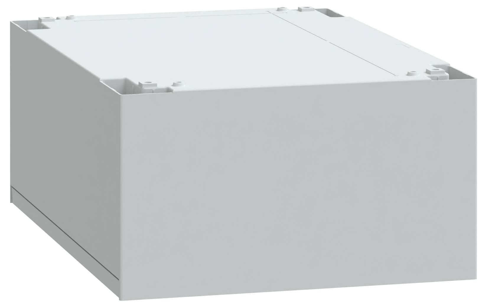 Zwykłe szare prostokątne pudełko, prawdopodobnie pojemnik magazynowy lub opakowanie, widziane pod lekko podniesionym kątem.