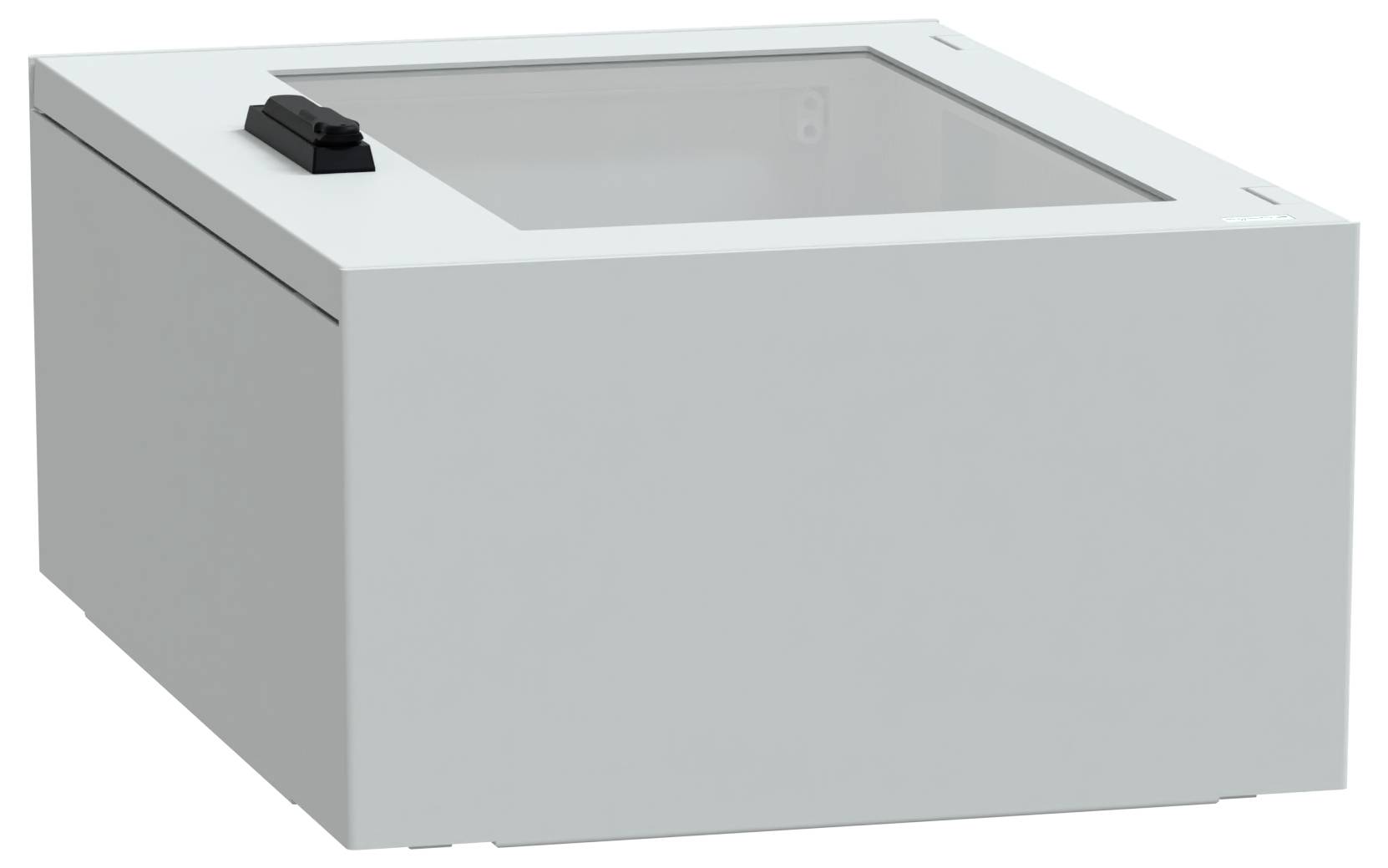 Szary prostokątny zamykany na zamek pojemnik na karty wyborcze z przezroczystą pokrywą, z czarną zatrzaśniętą klamką na wierzchu.