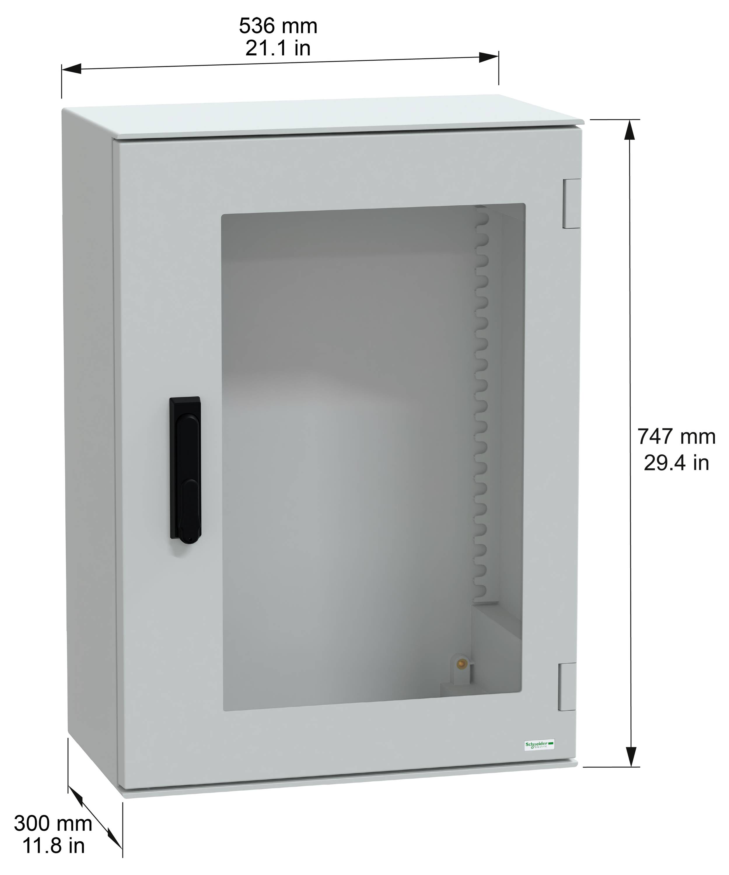 Metalowa szafka z przezroczystymi drzwiami, czarną klamką i oznaczeniami wymiarów: wysokość 747 mm (29,4 cala), szerokość 536 mm (21,1 cala), głębokość 300 mm (11,8 cala).