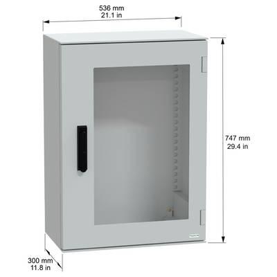 Metalowa szafka z przezroczystymi drzwiami, czarną klamką i oznaczeniami wymiarów: wysokość 747 mm (29,4 cala), szerokość 536 mm (21,1 cala), głębokość 300 mm (11,8 cala).
