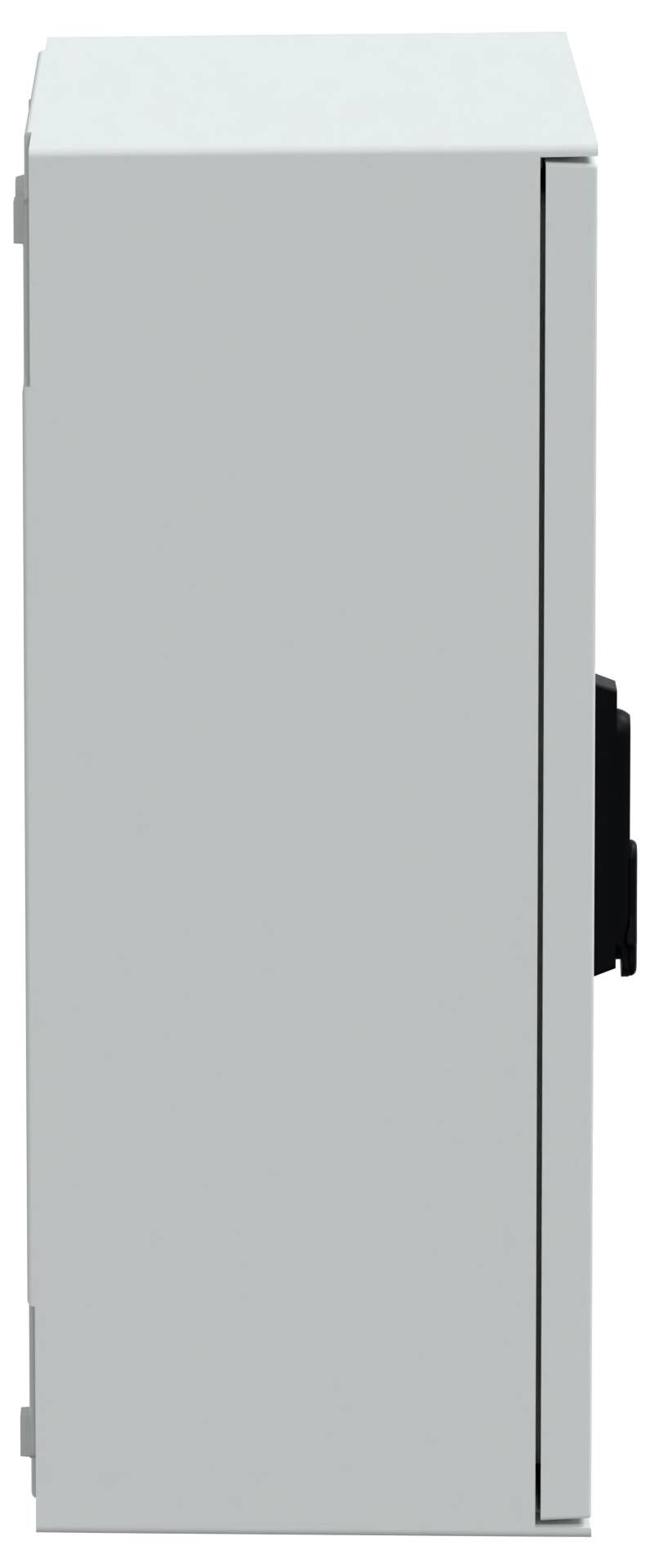 Białą metalową obudowę elektryczną widzianą z boku, ukazującą jej prostą konstrukcję i czarną klamkę.