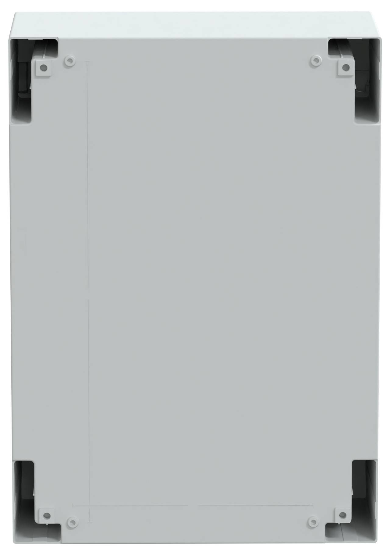 Zwykłe, szare, prostokątne pudełko o zaokrąglonych krawędziach z widocznymi wkrętami w narożnikach.