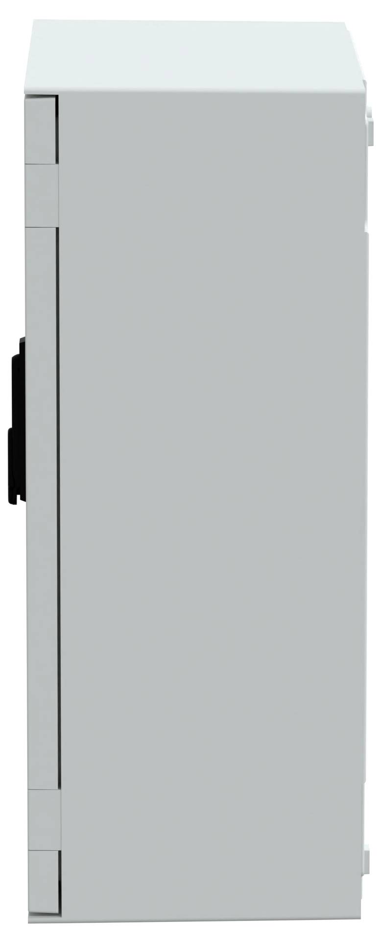 Szary prostokątny box, widziany z boku, z zawiasami i zatrzaskiem po lewej stronie, sugerujący, że jest to szafka lub obudowa.