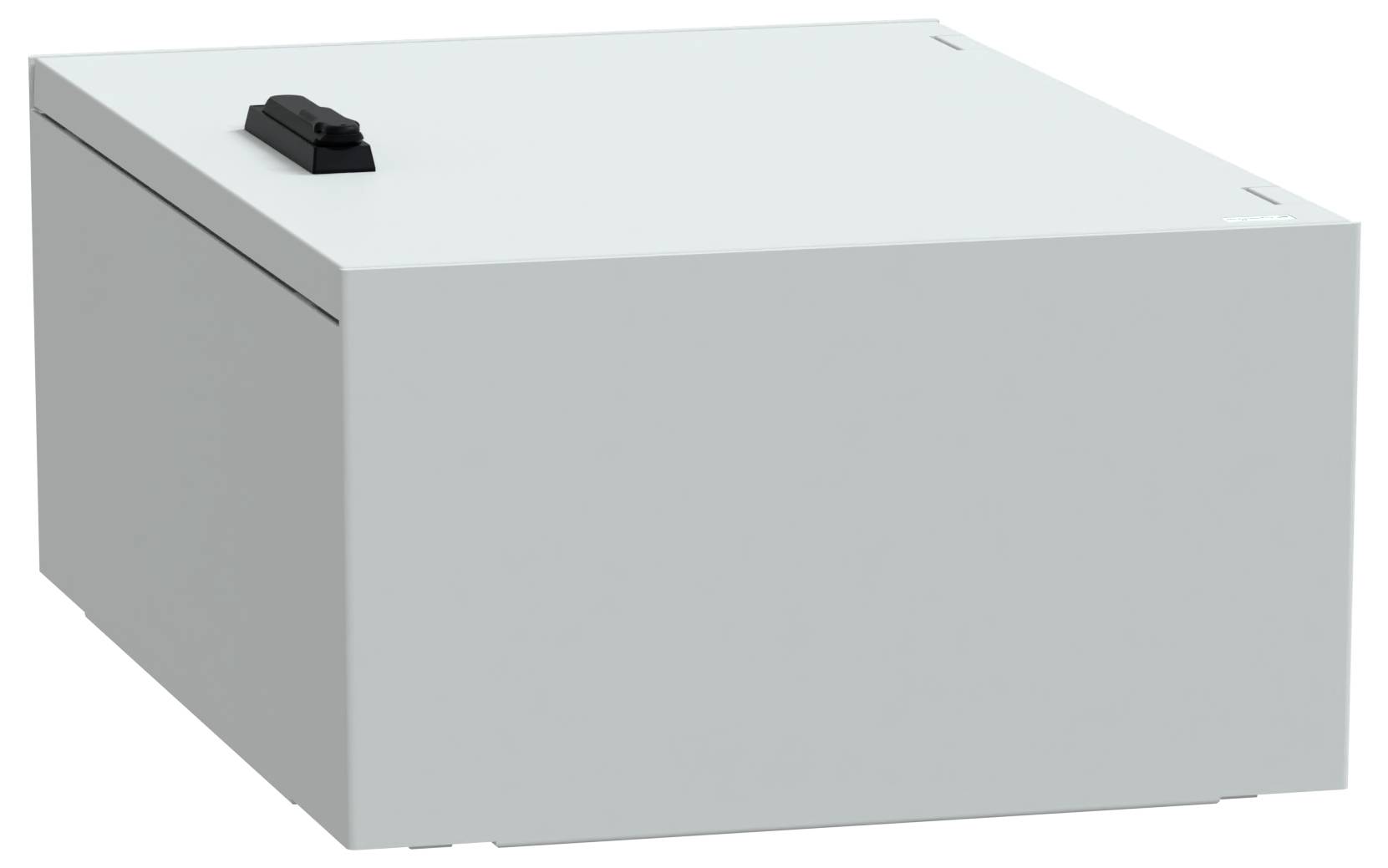 Białe metalowe pudełko z czarną rączką na wierzchu, umieszczone na pustym tle. Projekt jest prosty i funkcjonalny.