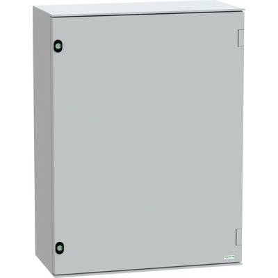 Szara, prostokątna obudowa elektryczna z widocznymi zawiasami i mechanizmami zamykającymi po bokach. Logo Schneider Electric znajduje się w prawym dolnym rogu.