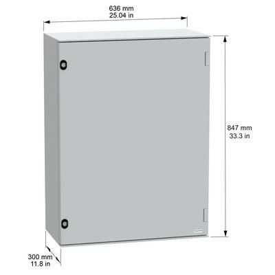 Obudowa elektryczna o wymiarach: szerokość 636 mm (25,04 cala), wysokość 847 mm (33,3 cala), głębokość 300 mm (11,8 cala).