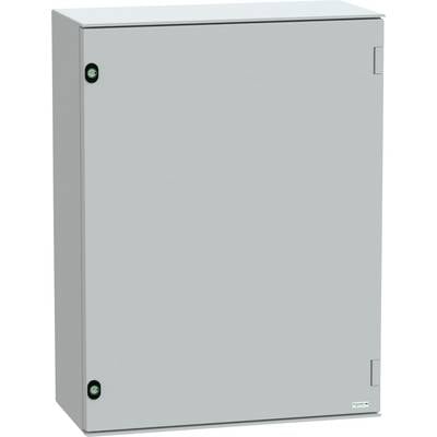 Szara szafka elektryczna z obudową, wyposażona w dwie okrągłe blokady i drzwiczki na zawiasach, przeznaczona do przechowywania elementów elektrycznych.