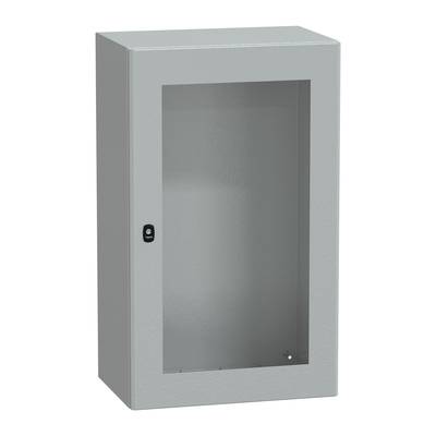 Szara, prostokątna obudowa metalowa z przednią ścianką ze szkła i zamkiem z boku. Obudowa stoi pionowo i jest stosowana w urządzeniach elektronicznych.