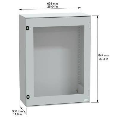Prostokątna, szara obudowa metalowa z przezroczystą przednią pokrywą, o wymiarach: 636 mm szerokości, 847 mm wysokości, 300 mm głębokości.