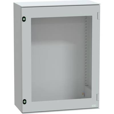 Szara metalowa obudowa elektryczna z przezroczystym panelem przednim i dwoma widocznymi mechanizmami zabezpieczającymi.