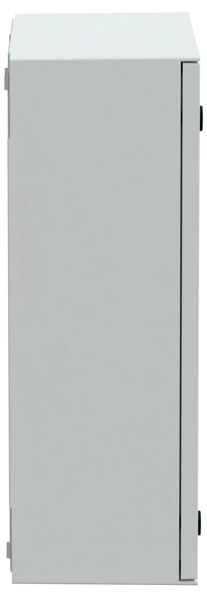 Wysoki, prostokątny, jasnoszary szafka widziana z boku, o gładkiej i jednolitej powierzchni.