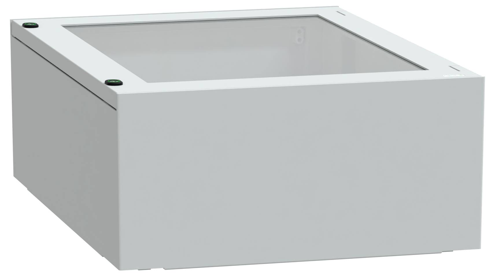 Szara metalowa skrzynka z przezroczystą górną pokrywą i małymi czarnymi przyciskami w lewych narożnikach, prawdopodobnie obudowa urządzenia elektronicznego.