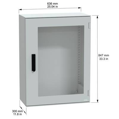 Szara, wisząca, prostokątna szafka z przezroczystymi drzwiczkami. Wymiary: 636 mm szerokości, 847 mm wysokości i 300 mm głębokości.