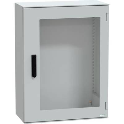 Szara metalowa szafka elektryczna z przezroczystymi drzwiami przednimi i czarną klamką. Odpowiednia do przechowywania elementów elektrycznych.