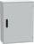 Szara obudowa elektryczna z czarną klamką, zamknięta, zamontowana pionowo.