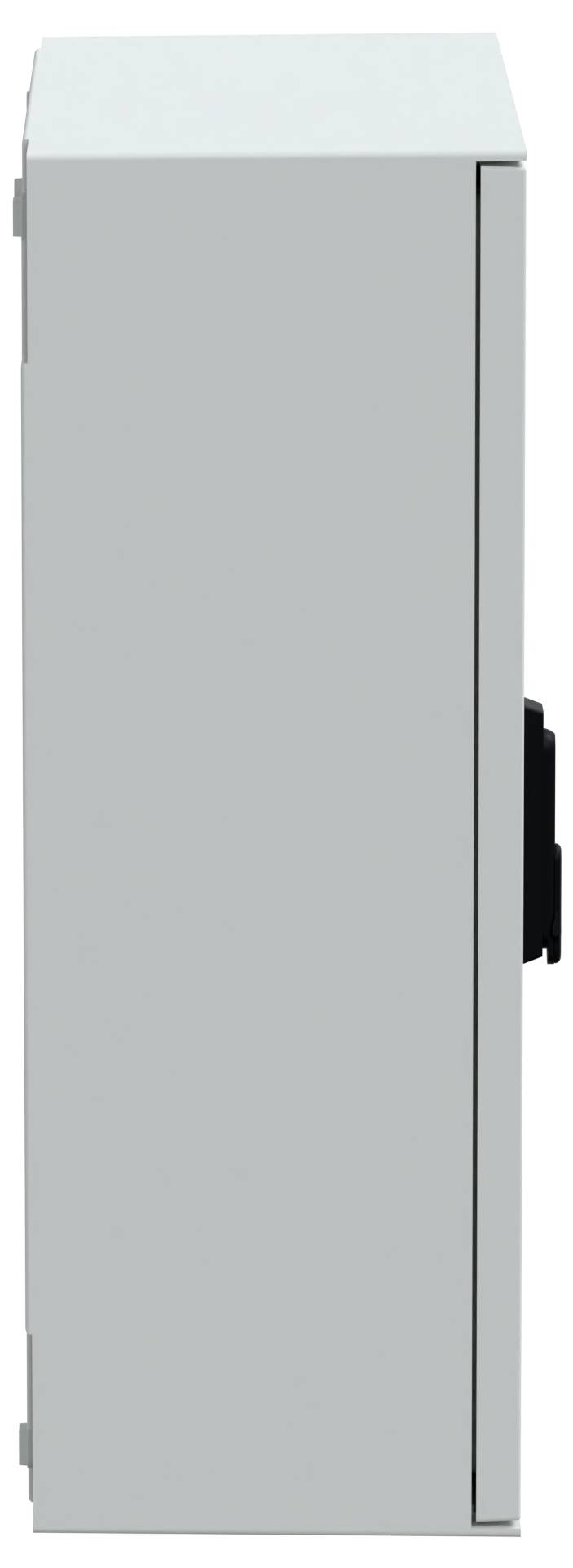 Szary, prostokątny rozdzielnik elektryczny z widocznym zawiasem i zatrzaskiem po jednej stronie.