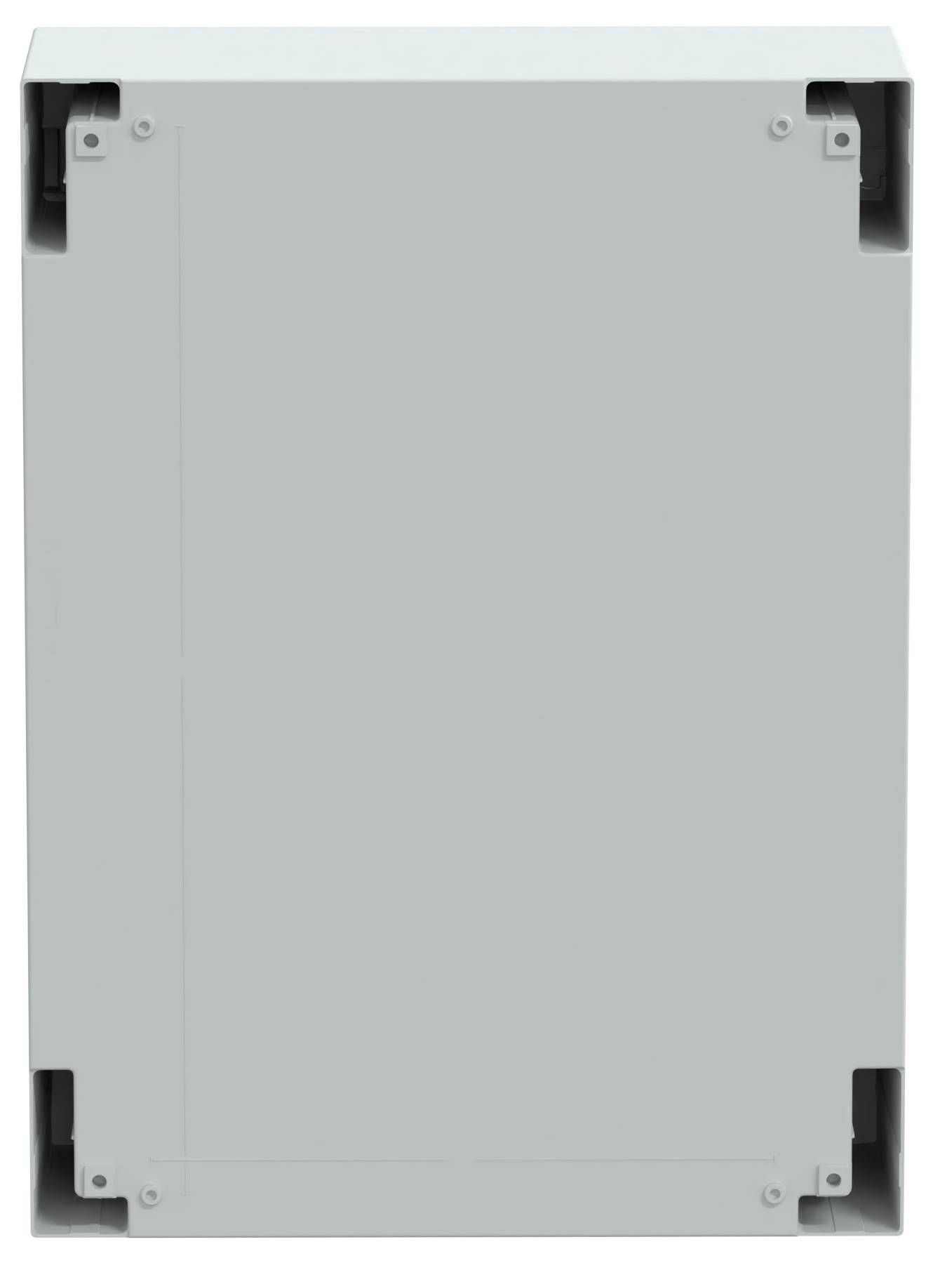 Obraz przedstawia szary, prostokątny przemysłowy osprzęt z płaską przednią powierzchnią i uchwytami montażowymi w narożnikach przeznaczony do instalacji.