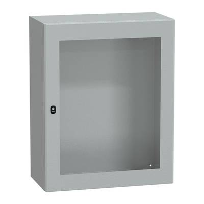 Metalowa szafka ze szklanymi drzwiczkami, odpowiednia do przechowywania kluczy lub ważnych dokumentów, wyposażona w mały mechanizm zamykający.