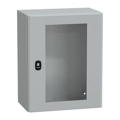 Szara metalowa szafka ze szklaną przednią ścianką, przeznaczona do przechowywania urządzeń elektronicznych lub narzędzi, widoczna we wnętrzu.