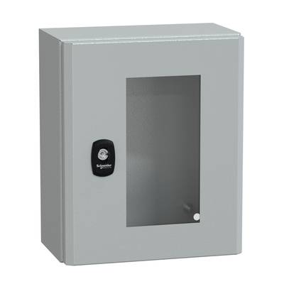 Szara metalowa szafka z przezroczystym okienkiem i zamkiem z przodu, odpowiednia do przechowywania urządzeń elektrycznych.