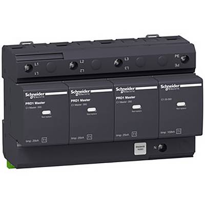 Obraz przedstawia czarny ogranicznik przepięć marki Schneider Electric z wieloma wejściami, oznaczonymi jako 'C1', 'C2', 'L1', 'L2', 'L3' oraz 'PE'.
