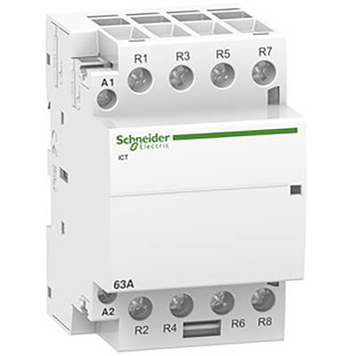 Biały elektryczny wyłącznik mocy firmy Schneider Electric z wieloma zaciskami górnymi i dolnymi, oznaczony symbolami A1, A2, R1-R8.