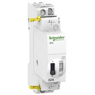 Biały, elektryczny wyłącznik nadprądowy firmy Schneider Electric z przełącznikiem w pozycji 'Wyłączony' i oznaczeniem 32A.