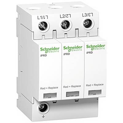 Trójbiegunowa ochrona przepięciowa firmy Schneider Electric z oznaczeniami 'L1/L1', 'L2/L2', 'L3/L3'; wskaźnik wyświetla 'Czerwony = Wymienić'.
