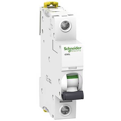 Elektryczny wyłącznik ochronny firmy Schneider Electric, w białej obudowie z zielonym i czarnym przełącznikiem z przodu.