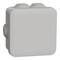 Szare, kwadratowe plastikowe obudowa o zaokrąglonych narożnikach z dwoma zaślepkami po bokach na górnej powierzchni.