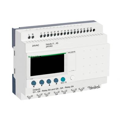 Programowalne sterowanie logiczne z ekranem; cyfrowe wejścia numerowane są góry od 1 do 16; służy do zarządzania procesami elektrycznymi.