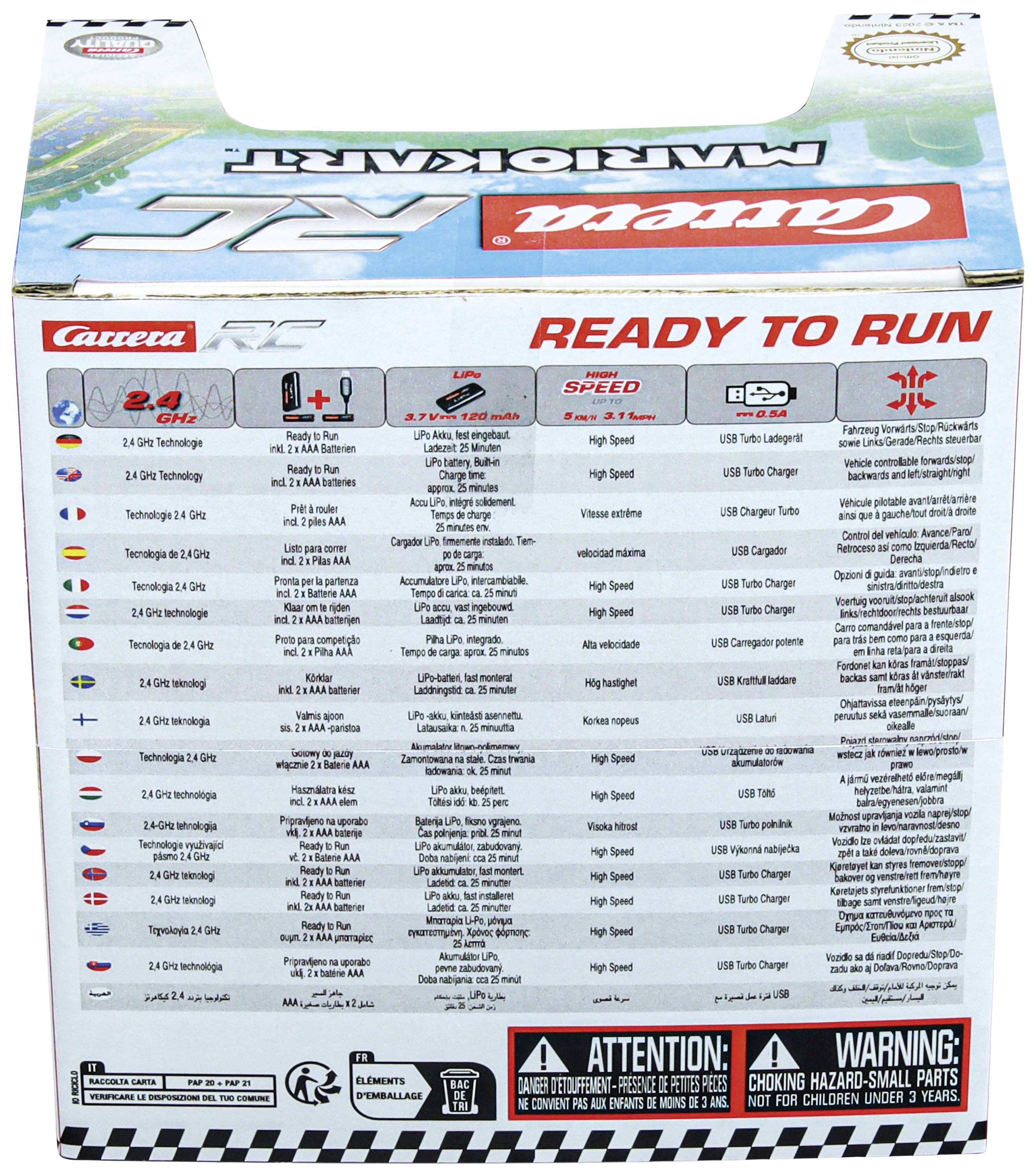 Opakowanie zabawkowego samochodu zdalnie sterowanego Carrera RC z technicznymi specyfikacjami i wskazówkami dotyczącymi akcesoriów, w tym ładowarki i baterii