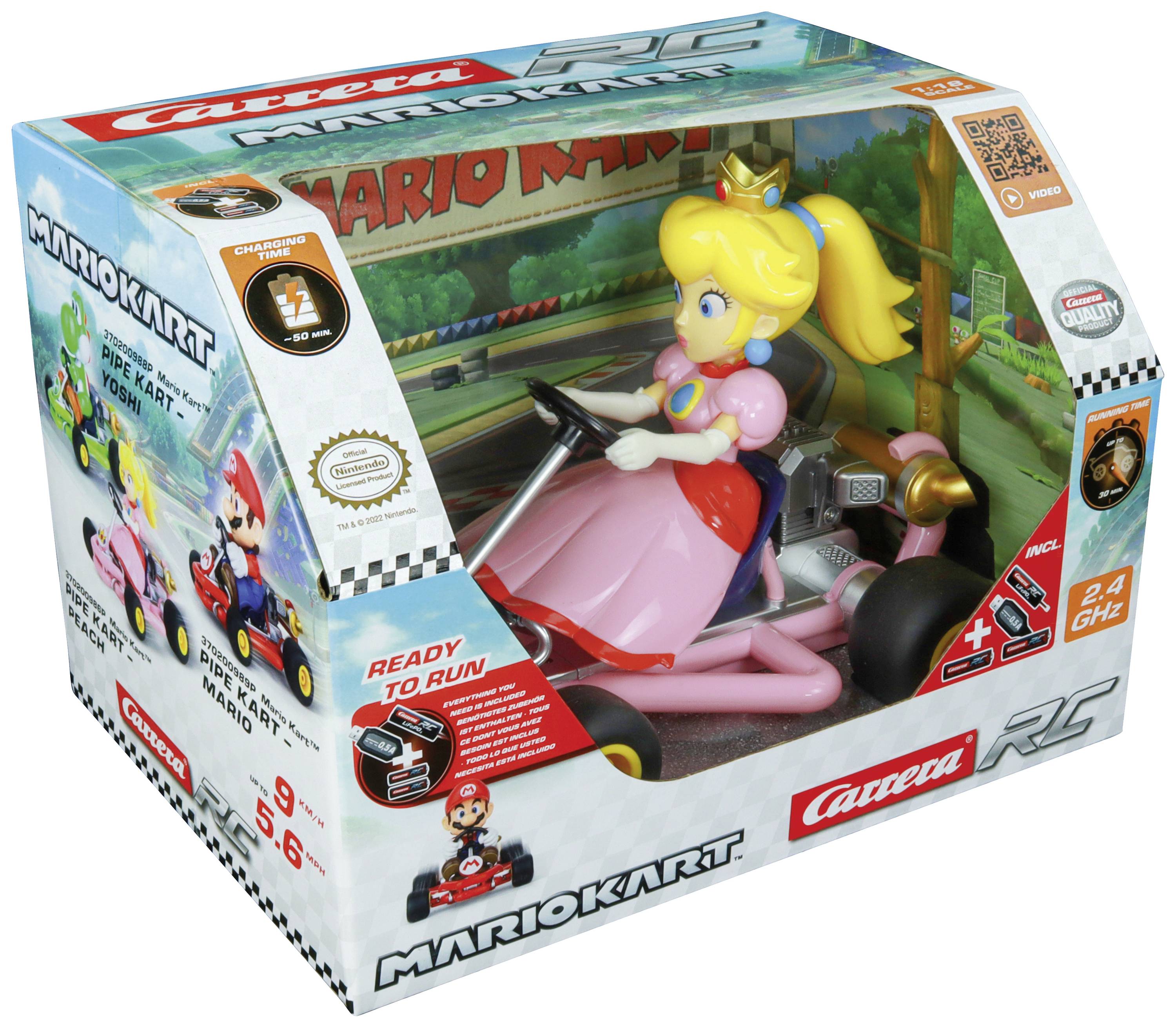 Zabawkowy samochód z Mario Kart z Księżniczką Peach, zapakowany w pudełko z kolorowym wzorem i motywem Mario Kart.