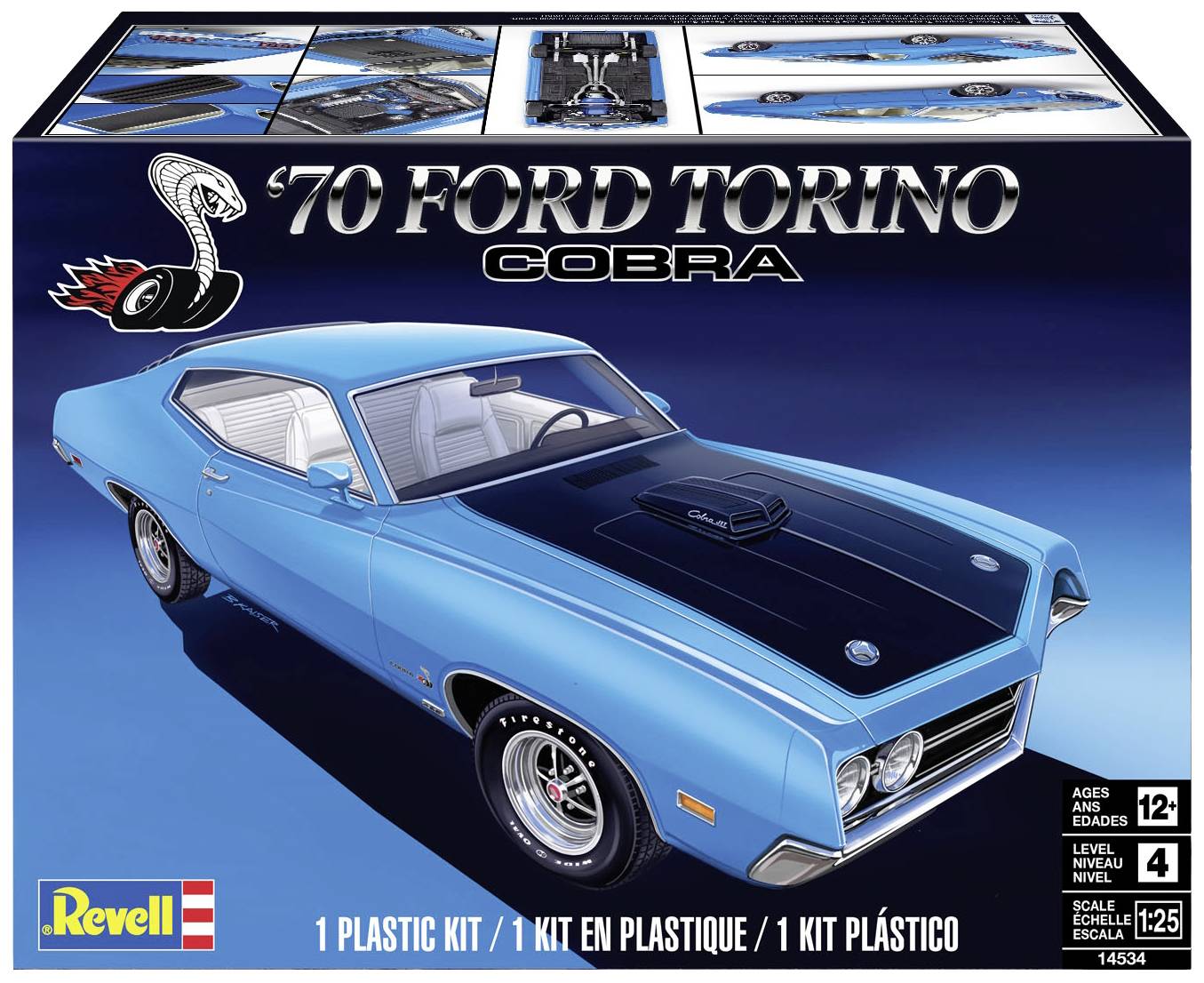 Niebieski model samochodu Ford Torino Cobra z roku 1970 w skali 1:25 firmy Revell, zalecany dla dzieci powyżej 12 roku życia. Zestaw zawiera elementy plastikowe do złożenia.