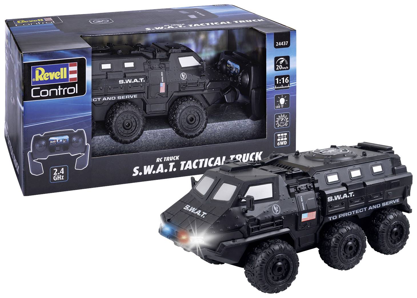 Zabawkowy samochód firmy Revell, model 'S.W.A.T. Tactical Truck', w kolorze czarnym z niebieskim światłem, zapakowany w pudełko z ilustracją kontrolera.