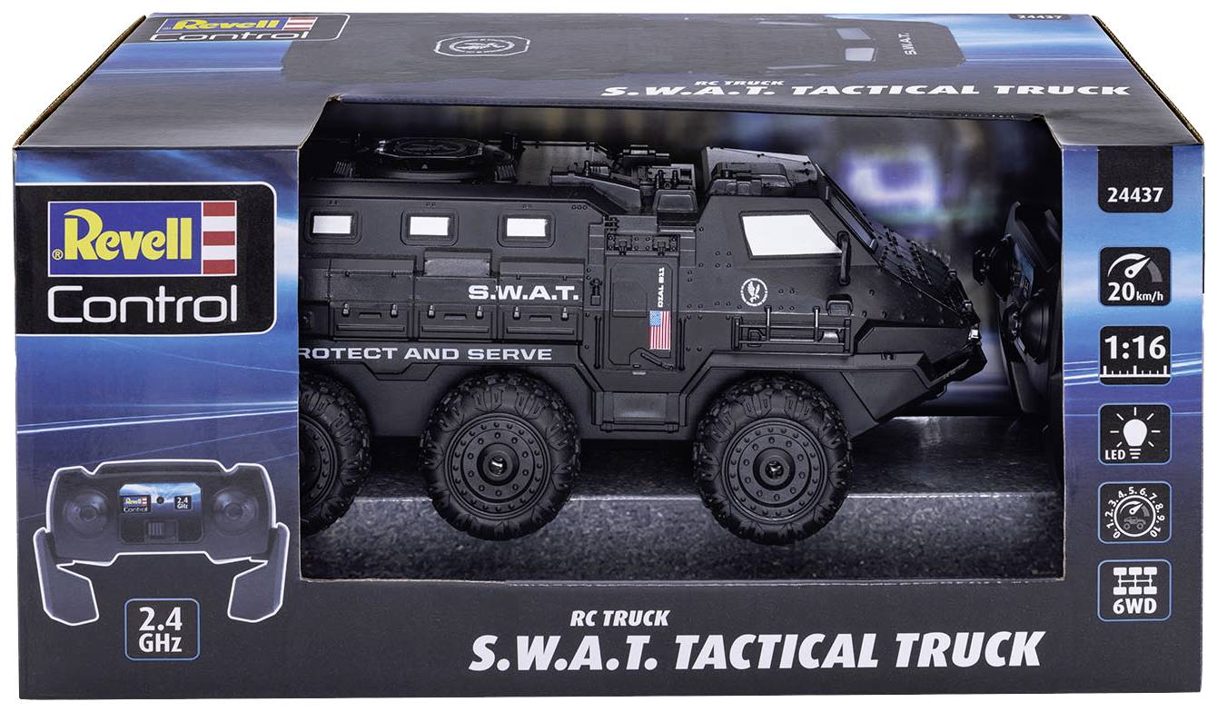 Opakowanie dla zdalnie sterowanego pojazdu taktycznego S.W.A.T. firmy Revell. Na przedniej stronie przedstawiono pojazd.