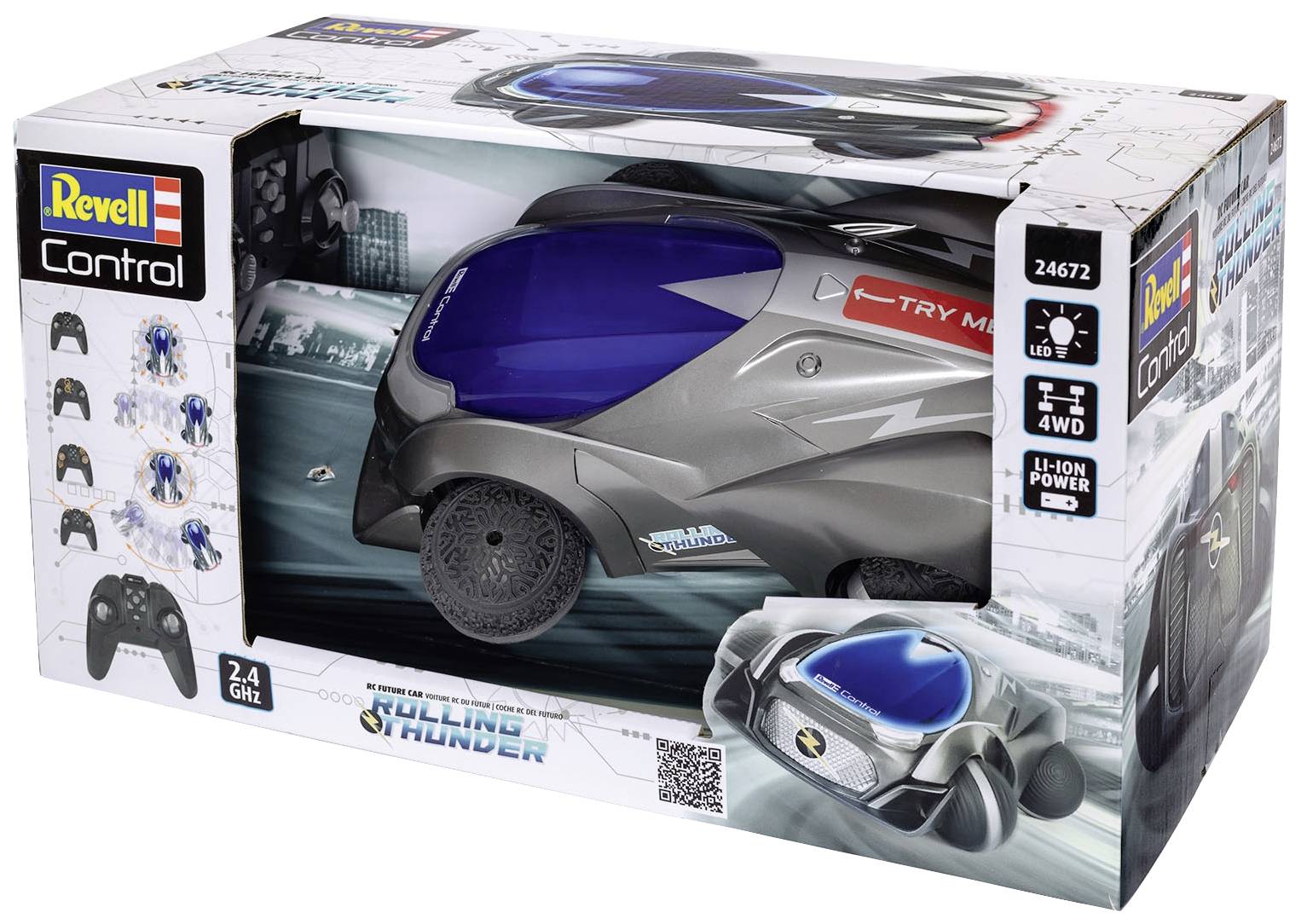 Zabawkowy samochód zdalnie sterowany marki 'Revell Control' w opakowaniu, z pilotem, w srebrno-niebieskim designie, model 'Ghost' z technologią 2,4 GHz i napędem 4WD.