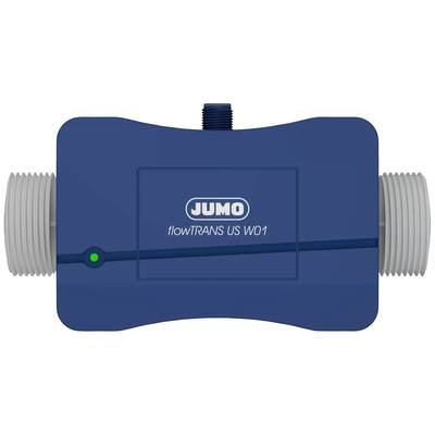 Niebieskie urządzenie z napisem 'JUMO flowTRANS US W01'. Posiada boczne przyłącza i zieloną lampkę kontrolną.